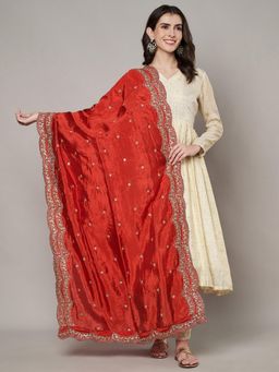 MUFFLY - Women Red Silk Embroidered Dupatta