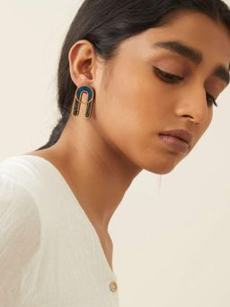 WHE - Blue Repurposed Fabric and Wood Earring with Glass Beads