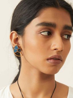 WHE - Blue Geometrical Repurposed Fabric and Wood Earring