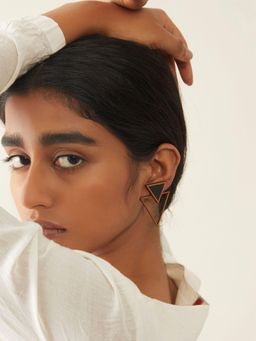 WHE - Black Two Look In One Repurposed Fabric and Wood Triangle Earring