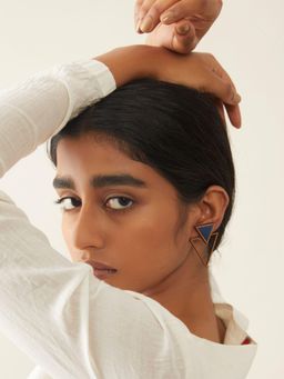 WHE - Blue Two Look In One Repurposed Fabric and Wood Triangle Earring