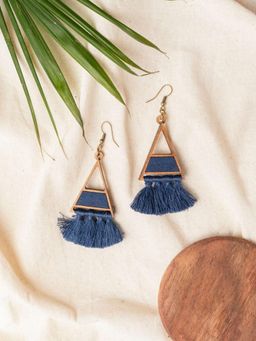 WHE - Blue Triangle Repurposed Fabric and Wood Earring with Tassels