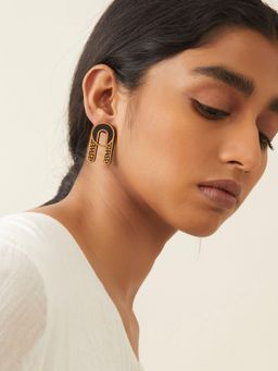 WHE - Black Repurposed Fabric and Wood Earring with Glass Beads