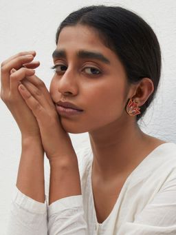 WHE - Red Bloom Lotus Repurposed Fabric and Wood Earrings
