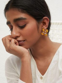 WHE - Yellow Bloom Repurposed Fabric and Wood Flower Studs