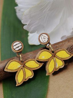 WHE - Yellow Bloom Repurposed Fabric and Wood Leaf Earring