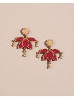 WHE - Red and Gold Festive Lotus Repurposed Fabric and Wood Statement Earrings