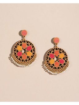 WHE - Red and Orange Festive Wheel Repurposed Fabric and Wood Earrings