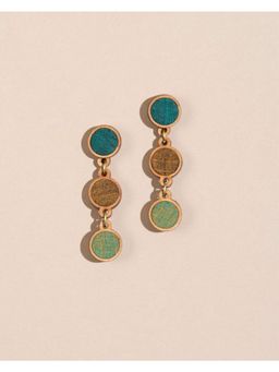 WHE - Green Brown Repurposed Fabric and Wood Round Earring