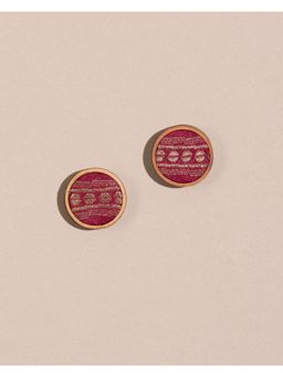 WHE - Handmade Red Gold Brocade Fabric and Repurposed Wood Studs Earrings