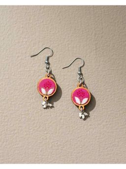 WHE - Pink Repurposed Fabric and Wood Flower Earrings