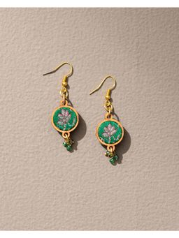 WHE - Green Festive Pure Banarasi Brocade Fabric and Repurposed Wood Earrings