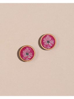 WHE - Handmade Pink Pure Banaras Brocade Fabric and Repurposed Wood Studs Earrings