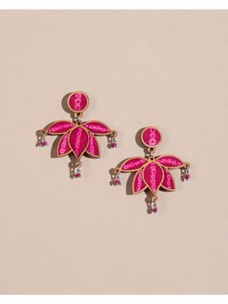 WHE - Pink Pure Georgette Bandhani Repurposed Fabric and Wood Statement Lotus Earrings