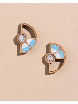 WHE - Blue Geometrical Repurposed Fabric and Wood Earring