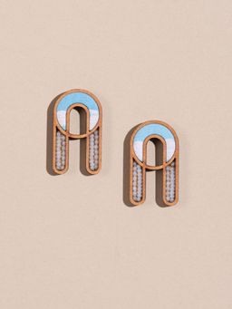 WHE - Blue Repurposed Fabric and Wood Earring with Glass Beads