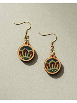 WHE - Sun Green Ajrakh Fabric and Repurposed Wood Earrings