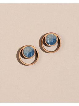 WHE - Blue Kantha Batik Fabric and Repurposed Wood Studs Earrings