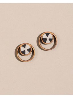WHE - Black and Beige Batik Fabric and Repurposed Wood Studs Earrings
