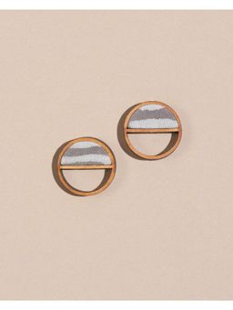 WHE - Grey Line Repurposed Fabric and Wood Semi Circle Studs Earrings