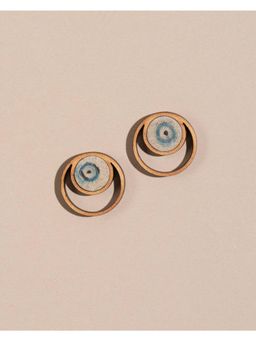 WHE - Blue Beige Ajrakh Fabric and Repurposed Wood Studs Earrings