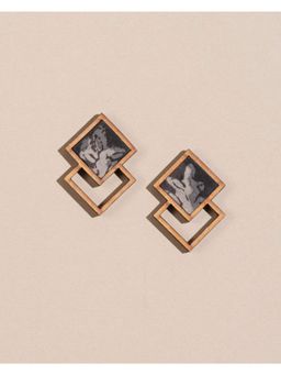 WHE - Black and Beige Kalamkari Repurposed Fabric and Wood Square Studs Earrings
