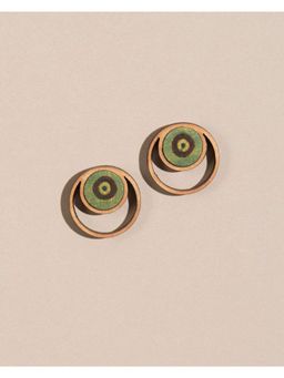 WHE - Green Ajrakh Fabric and Repurposed Wood Studs Earrings