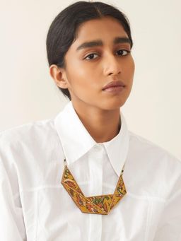 WHE - Kalamkari Connecting Triangle Repurposed Fabric and Wood Necklace