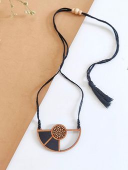 WHE - Black Geometrical Repurposed Fabric and Wood Adjustable Pendant Necklace