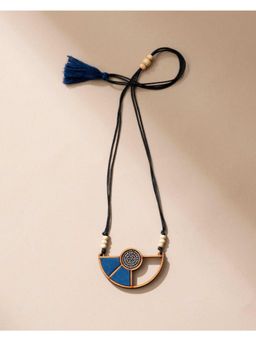WHE - Blue Geometrical Repurposed Fabric and Wood Adjustable Pendant Necklace