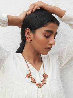 WHE - Red Bloom Lotus Repurposed Fabric and Wood Necklace