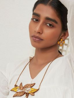 WHE - Yellow Bloom Leaf Motif Repurposed Fabric and Wood Necklace