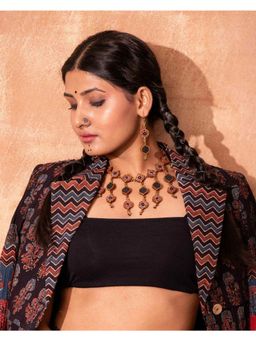 WHE - Red and Black Multi Layered Repurposed Fabric and Wood Choker Necklace