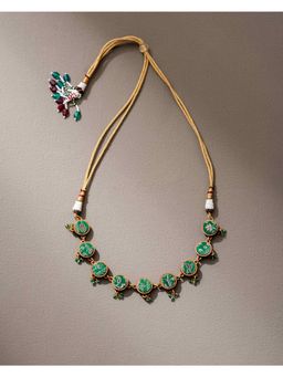 WHE - Green Festive Pure Banarasi Brocade Fabric and Repurposed Wood Choker Necklace