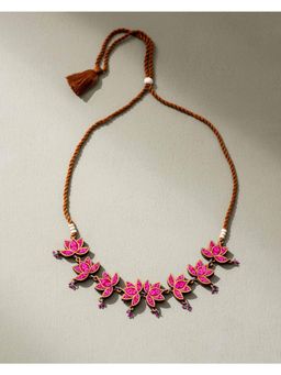 WHE - Pink Pure Georgette Bandhani Repurposed Fabric and Wood Choker Lotus Necklace