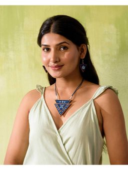 WHE - Hand Painted Blue Repurposed Fabric and Wood Triangular Necklace