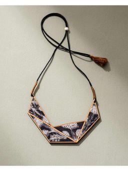 WHE - Black and Beige Kalamkari Repurposed Fabric and Wood Triangle Adjustable Necklace