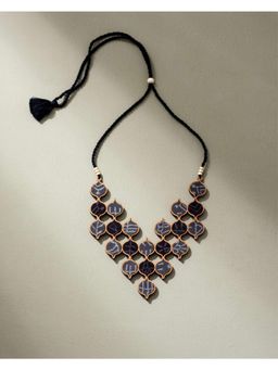 WHE - Grey Tribal Motives Repurposed Fabric and Wood Statement Necklace