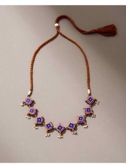 WHE - Blue Brocade Festive Repurposed Fabric and Wood Adjustable Choker Necklace