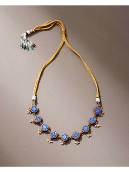 WHE - Blue Brocade Festive Repurposed Fabric and Wood Adjustable Choker Necklace