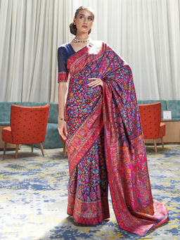 Akhilam - Women'S Cotton Blend Navy Blue Floral Handloom Saree With Blouse Piece with Unstitched