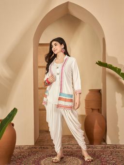 Stylum - Women's White Embroidered Rayon A-Line Kurti Dhoti Pant with Jacket