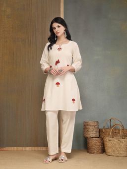 Stylum - Women's Cream Embroidered Cotton Flex A-Line Kurti Pant Set