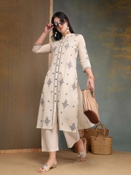 Stylum - Women's Cream Embroidered Cotton Flex A-Line Kurta Pant Set