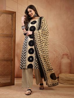 Stylum - Women's Black Printed Cotton A-Line Kurta Palazzo Dupatta Set