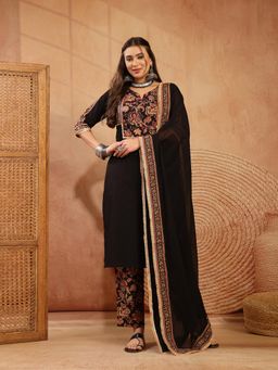 Stylum - Women's Black Embroidered Cotton Straight Kurta Pant Dupatta Set