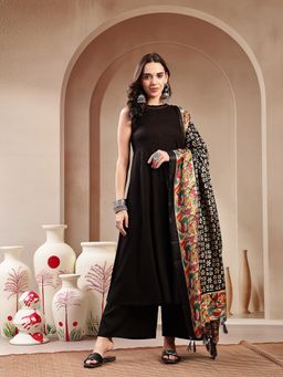 Stylum - Women's Black Printed Rayon Flared Kurta Palazzo Dupatta Set