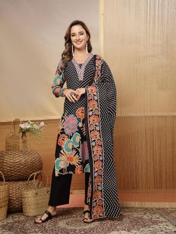Stylum - Women's Black Floral Printed Cotton Blend Straight Kurta Pant Dupatta Set