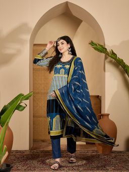 Stylum - Women's Blue Striped Printed Cotton Straight Kurta Pant Dupatta Set