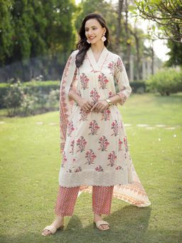 Stylum - Women's Cream Floral Printed Cotton A-Line Kurta Pant Dupatta Set
